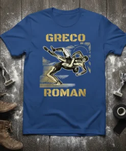 Greco Roman wrestling design with two figures in action, text "GRECO ROMAN" in gold