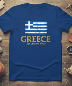 Vintage Greece Est. Ancient Times t-shirt design with distressed Greek flag and gold text