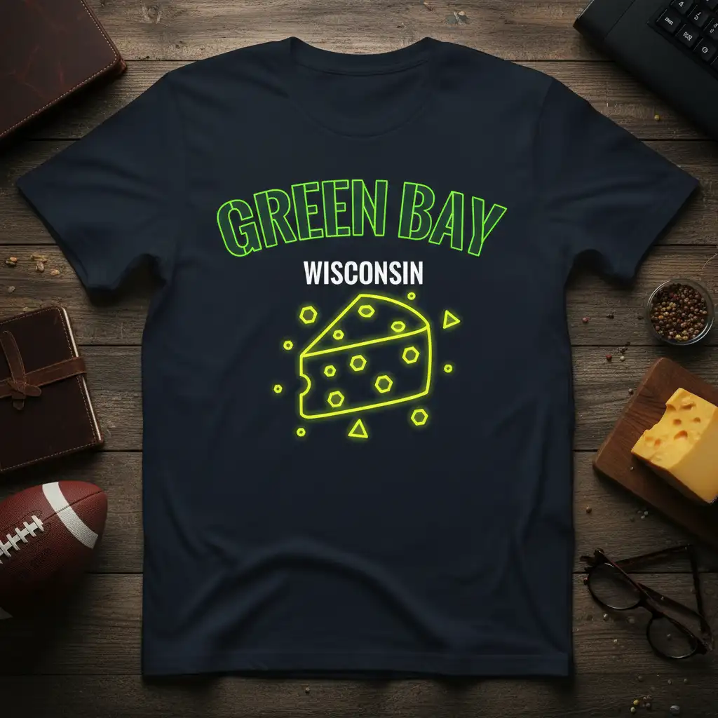 Green Bay Wisconsin text and neon yellow cheese graphic on a dark t-shirt, perfect for fans