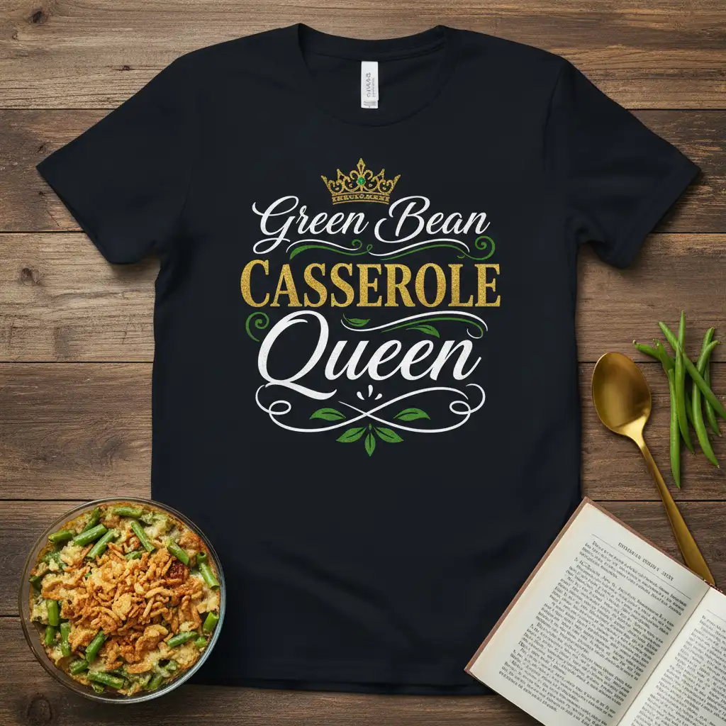 Green Bean Casserole Queen text design with crown and festive accents on a black tee