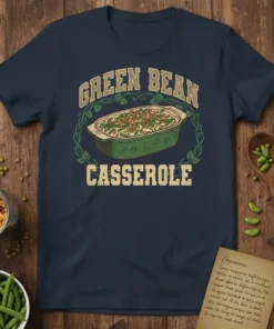 Green Bean Casserole text design with a vintage casserole dish graphic, set against a navy t-shirt