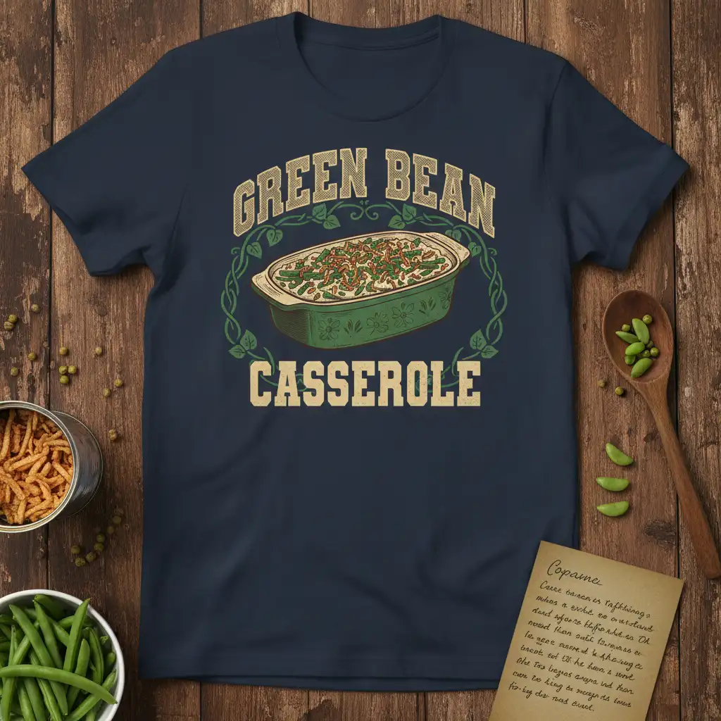 Green Bean Casserole text and graphic design on a navy t-shirt, perfect for comfort food lovers