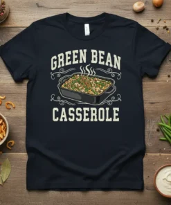 Green Bean Casserole text with a graphic of a steaming casserole dish on a dark t-shirt