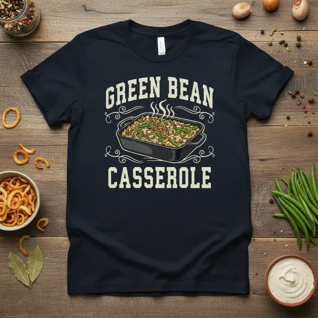 Green Bean Casserole text and illustration on a dark navy t-shirt, perfect for holiday food lovers