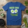 Green Eggs T-Shirt with a fried egg face and asparagus smile, on a blue tee