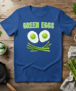 Green Eggs T-Shirt with a fried egg face and asparagus smile, on a blue tee