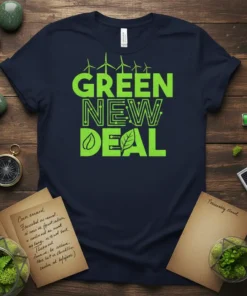 Green New Deal text design with wind turbines, circuit board pattern, and leaf graphics on a navy t-shirt