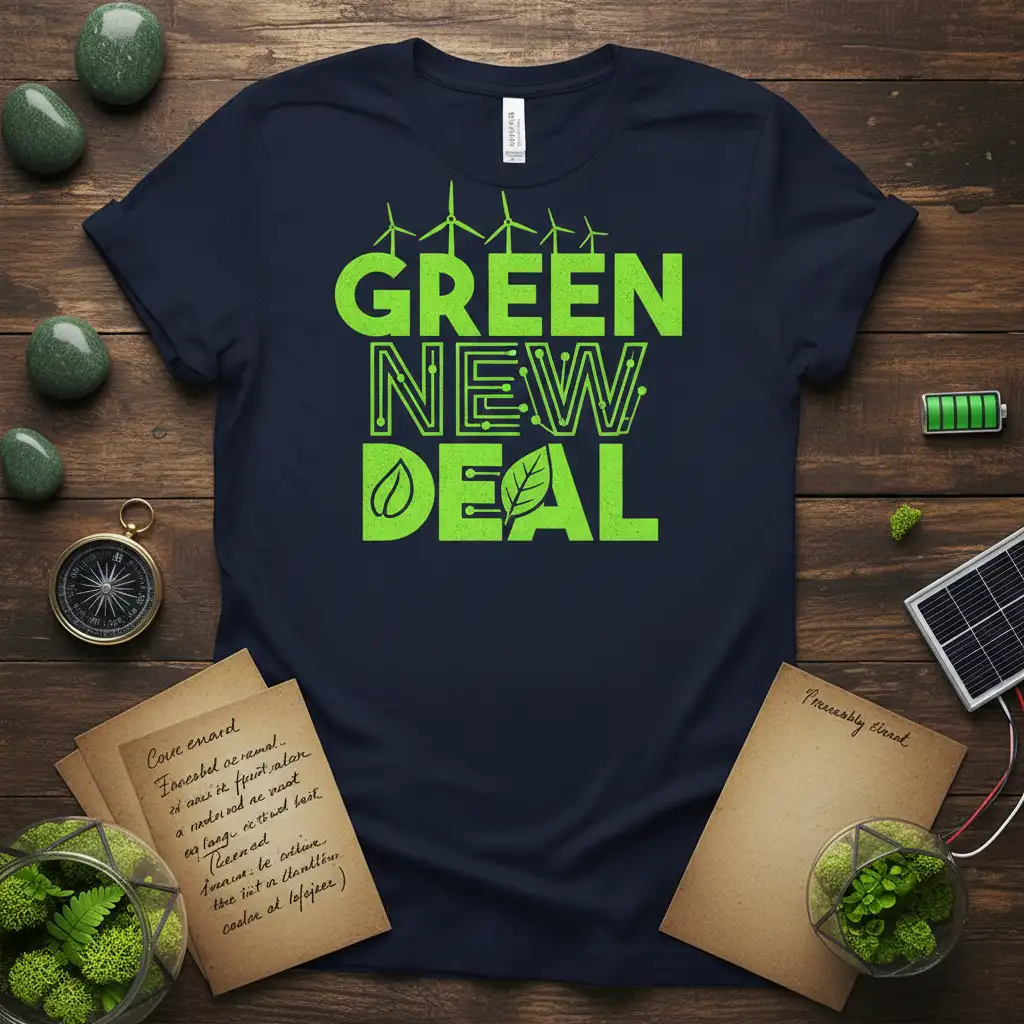 Green New Deal text with wind turbines and leaf graphics on a navy blue t-shirt for environmentalists