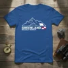 Greenland Kalaallit Nunaat text with mountain and polar bear graphic on a blue t-shirt