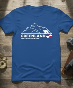 Greenland Kalaallit Nunaat text with mountain and polar bear graphic on a blue t-shirt