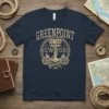Greenpoint EST. 1664 New York anchor design on a navy blue t-shirt, featuring vintage typography and gears