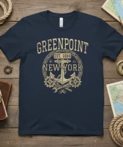 Greenpoint EST. 1664 New York anchor design on a navy blue t-shirt, featuring vintage typography and gears
