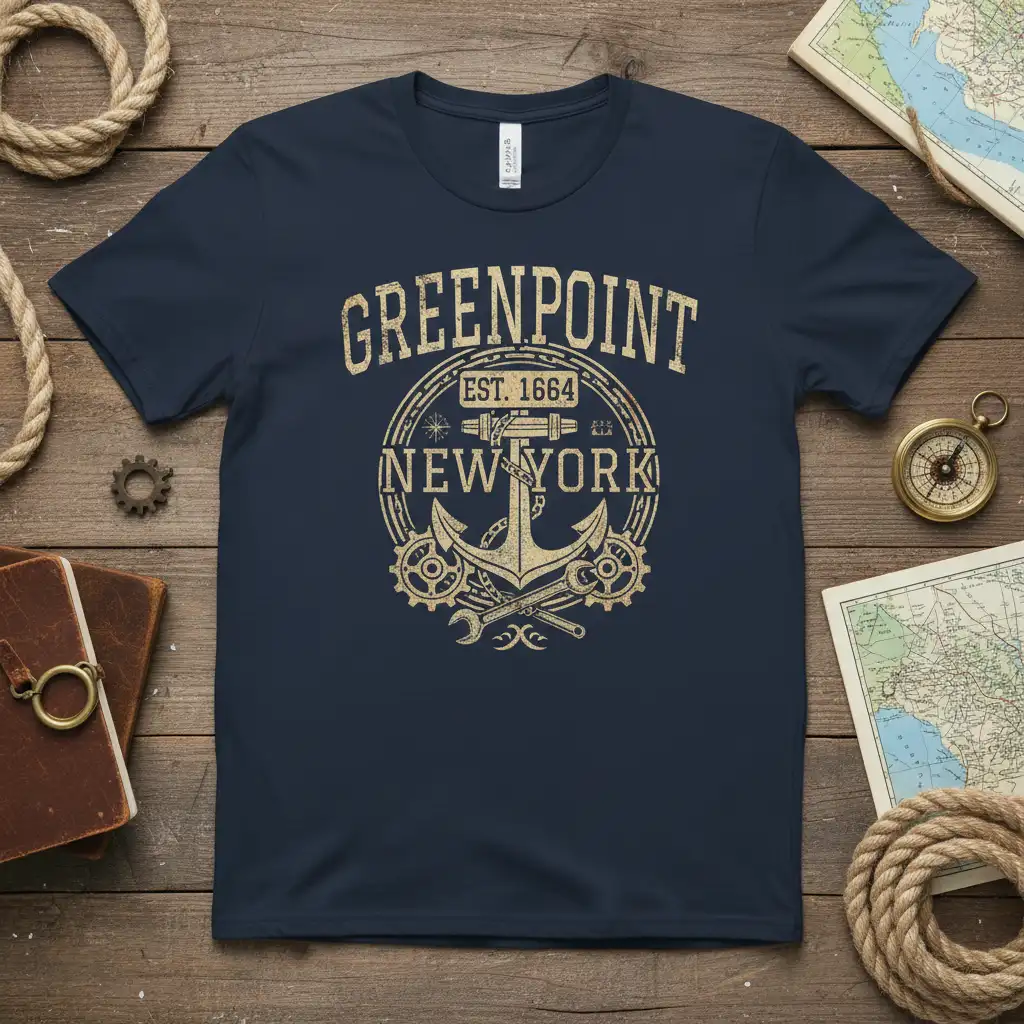 Greenpoint EST. 1664 New York anchor design with vintage typography and maritime graphics on a dark t-shirt