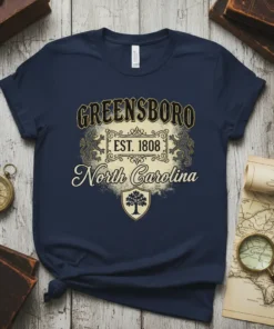 Greensboro Est. 1808 North Carolina text design on a navy t-shirt with a vintage crest and tree graphic