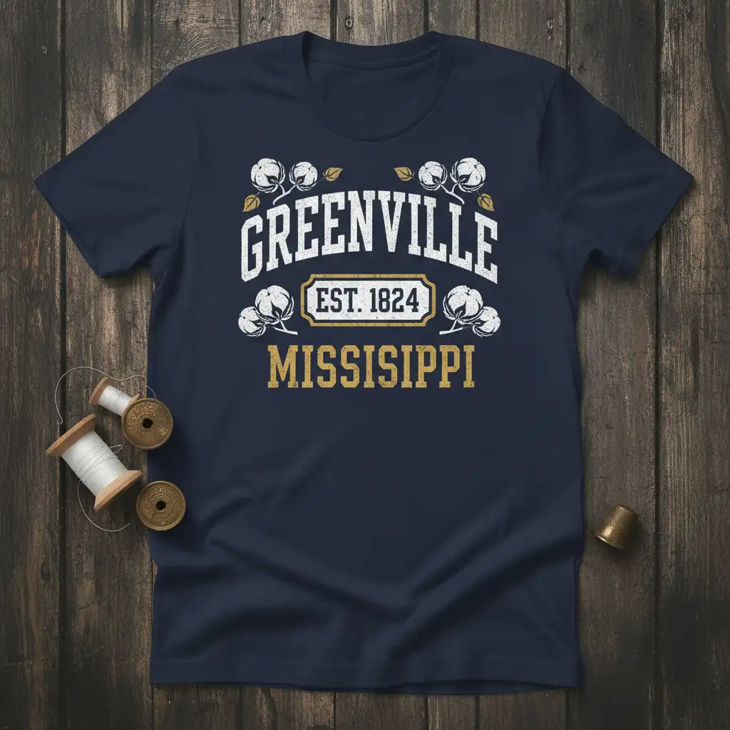 Greenville Est 1824 Mississippi text design with cotton graphics on a dark blue t-shirt