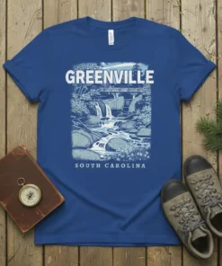 Greenville South Carolina t-shirt design featuring a blue waterfall, rocky river, and bridge with text "Greenville South Carolina"
