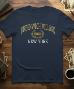 Greenwich Village Est. 1898 New York t-shirt with vintage collegiate style font and laurel wreath graphic