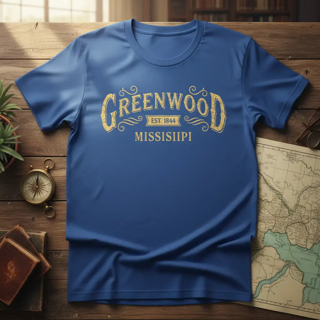 GREENWOOD EST. 1844 MISSISIPI detailed print printed on comfortable cotton fabric creating a standout t-shirt
