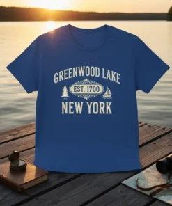 Greenwood Lake New York Est 1700 vintage t-shirt design with tree and sailboat graphics