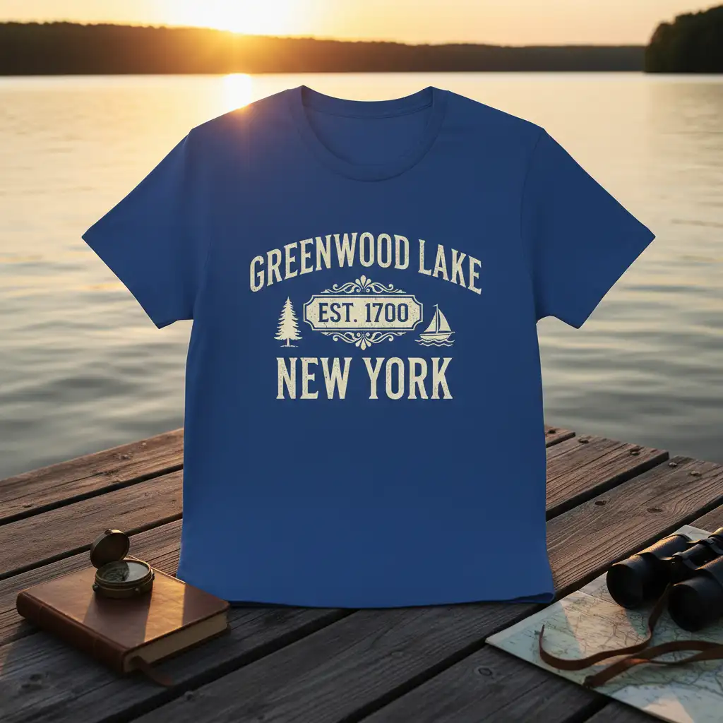 Greenwood Lake New York Est 1700 graphic tee featuring a vintage design with lake and travel elements