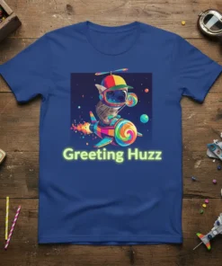 Greeting Huzz text with a cartoon cat wearing a helmet and goggles, riding a rocket shaped like a lollipop through