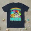 Greetings Huzz cat t-shirt with a grey tabby cat wearing a colorful baseball cap and holding a rainbow swirl lollipop