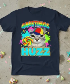Greetings Huzz cat t-shirt with a grey tabby cat wearing a colorful baseball cap and holding a rainbow swirl lollipop
