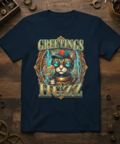 Greetings Huzz steampunk cat graphic t-shirt with a cat holding a lollipop, wearing goggles and a hat