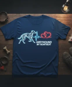 Greyhound My Heartbeat T-Shirt design featuring a neon-style Greyhound silhouette on a heartbeat EKG line with two hearts