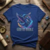 Griffin Whale t-shirt design featuring a blue mythical creature with wings and a whale tail, surrounded by stars and colorful