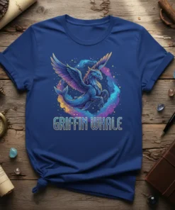 Griffin Whale t-shirt design featuring a blue mythical creature with wings and a whale tail, surrounded by stars and colorful
