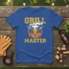 Grill Master text with skull wearing chef hat and crossed grilling tools on a distressed background