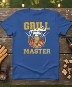 Grill Master text with skull wearing chef hat and crossed grilling tools on a distressed background