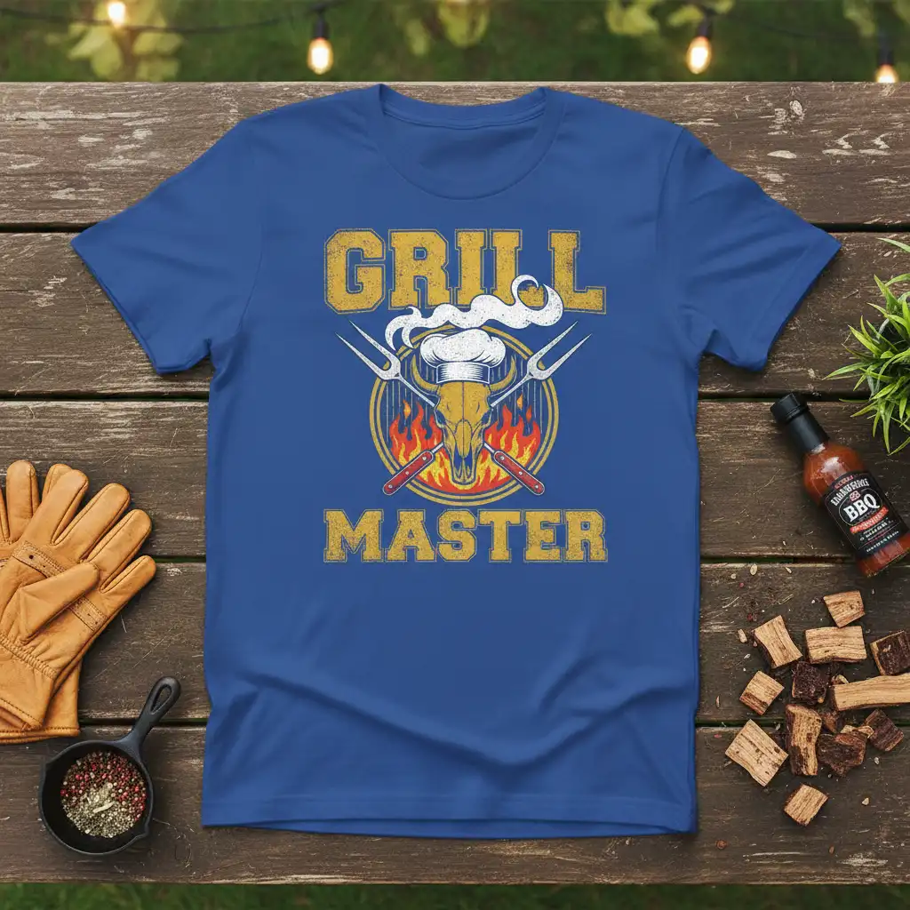 Grill Master text design featuring a skull, chef hat, and crossed grilling tools with flames