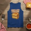 GRILLED CHEESE text and graphic of a stacked, melty grilled cheese sandwich on a blue tank top