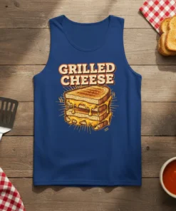 GRILLED CHEESE text and graphic of a stacked, melty grilled cheese sandwich on a blue tank top