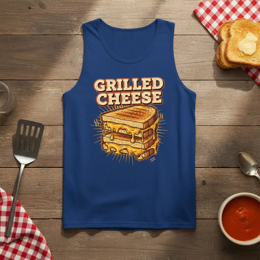 GRILLED CHEESE text above a stacked, melty grilled cheese sandwich graphic on a tank top