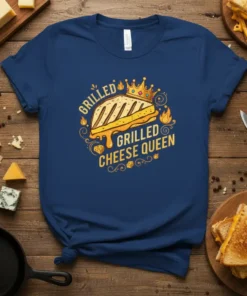 Grilled Cheese Queen text with a crown on a sandwich graphic, featuring flames and cheese details