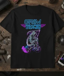 Grim Reaper Choppers graphic t-shirt design featuring a skeleton rider on a motorcycle with neon accents