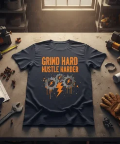 Grind Hard Hustle Harder motivational t-shirt with gears and lightning bolt graphic