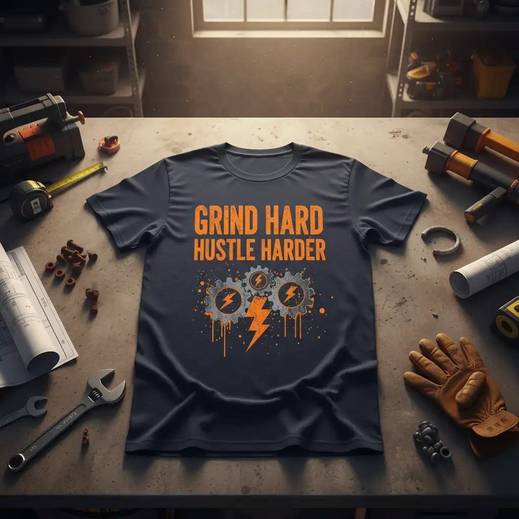 Grind Hard Hustle Harder quote design with industrial gears and lightning graphic on a dark t-shirt