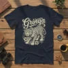 Navy t-shirt with "Gringa" text above a detailed jaguar illustration with floral elements, cream-colored design