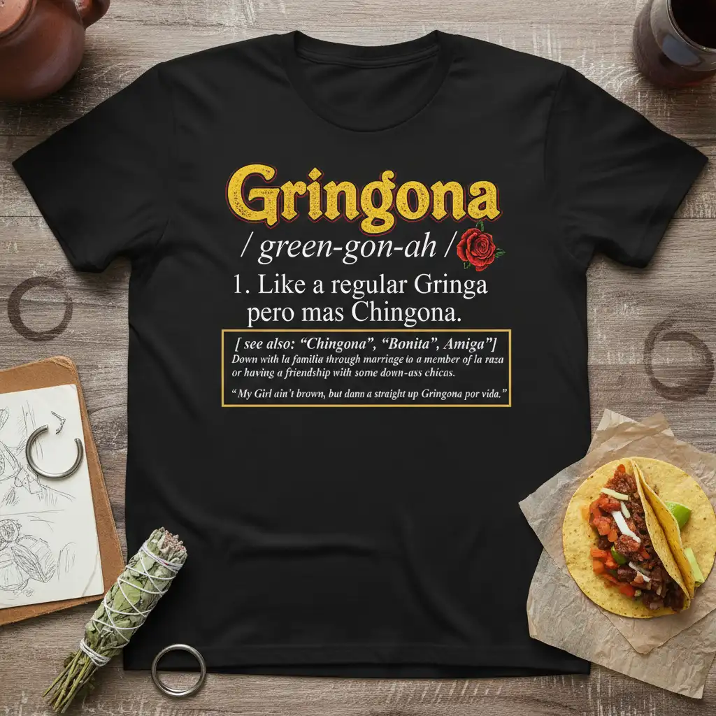 Gringona Like a regular Gringa pero mas Chingona definition t-shirt with Spanish slang and cultural pride