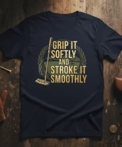 Golf t-shirt design with text "GRIP IT SOFTLY AND STROKE IT SMOOTHLY" and a golf putter graphic