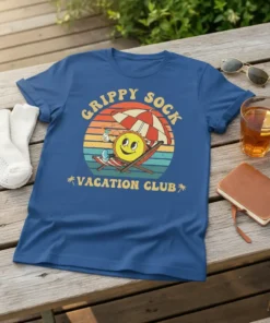 Grippy Sock Vacation Club text and cartoon sun character relaxing in a beach chair under an umbrella