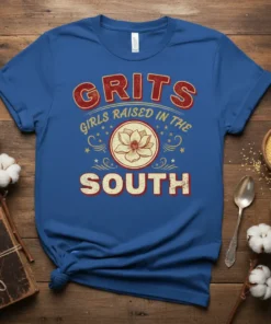 T-shirt design with "GRITS GIRLS RAISED IN THE SOUTH" text and a magnolia flower graphic