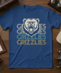 Retro Grizzlies Grizzlies Grizzlies Grizzlies t-shirt design with a roaring bear graphic and vintage striped text