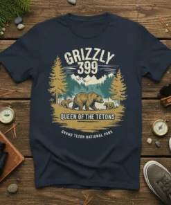 Grizzly 399 Queen of the Tetons Grand Teton National Park t-shirt design with bear family and mountains