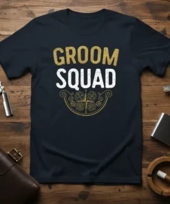 Groom Squad t-shirt with gold and white text, featuring a steampunk-inspired gear emblem below
