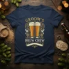 Groom's Brew Crew t-shirt design featuring two beer glasses with foam, surrounded by hops and ornate borders